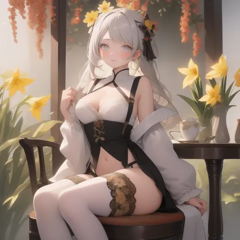 Chinese oriental elements，teals，falling leaf，autumnal，The is very detailed，CG，unified，8k 壁纸，Amazing Cleavage，finely detailled，Sit on a rattan chair，Tea table，Kizi, Beautiful detailed eyes, Long white hair, light grey eyes,, High white stockings, Vivid, flo...