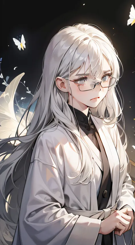 Girl with long white hair，Gray-black glasses，There are tear tracks on the face，The expression was wooden, angry，Wearing a crisp white robe，It is surrounded by white butterflies，The background is a dark city