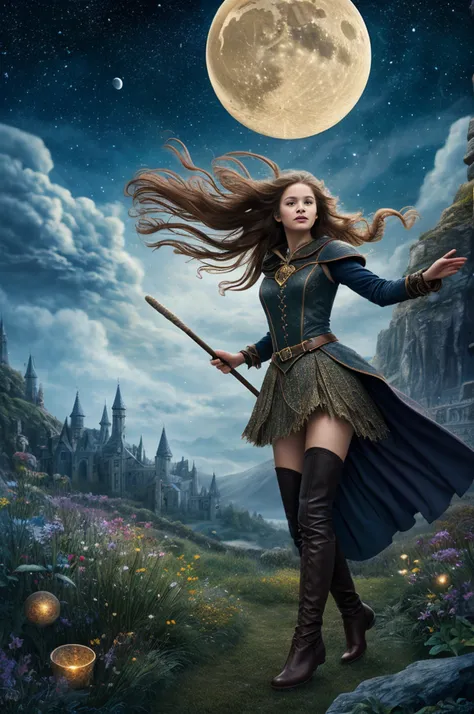 masterpiece, best quality, ultra-detailed, illustration, 1girl, solo, fantasy, flying, broom, night sky, outdoors, magic, spells, moon, stars, clouds, wind, hair, cape, hat, boots, broomstick, glowing, mysterious, enchanting, whimsical, playful, adventurou...