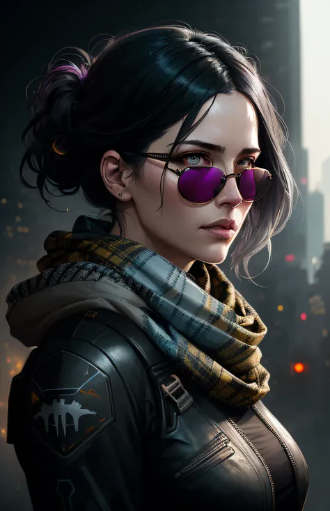 (dark shot:1.1), epic realistic, portrait of halo, sunglasses, blue eyes, tartan scarf, white hair by atey ghailan, by greg rutkowski, by greg tocchini, by james gilleard, by joe fenton, by kaethe butcher, gradient yellow, black, brown and magenta color sc...