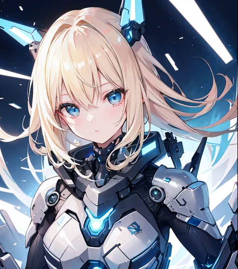 1girll, Blonde, Smooth hair, Detailed face, Cute, Good anatomy, Gray and black mech set,  Bright lights, Blue light, Futuristic city