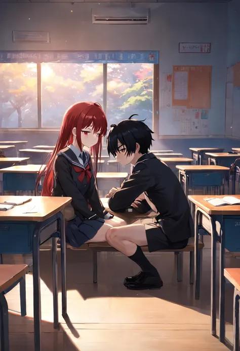 Long black and red hair of anime girl sitting in classroom in school uniform，Sleep on the table，Next to it is a short black hair，Short hair anime boy in school uniform，Two high school students had a stack of books in front of them，The sun is shining outsid...