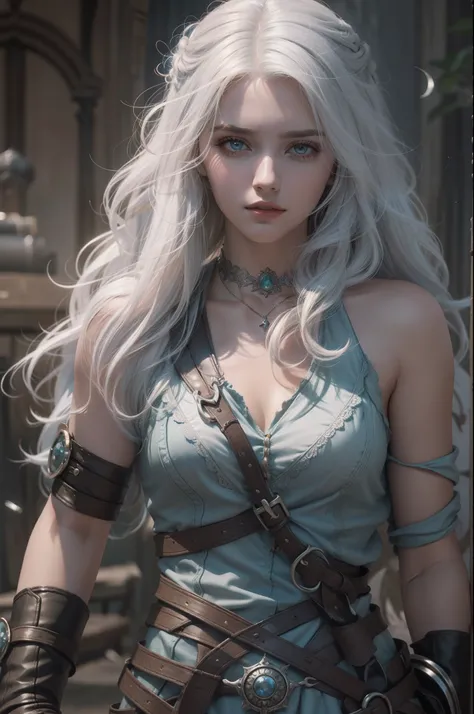 Mulher que lembra a Ciri de The Wicther, com longos cabelos brancos e olhos azuis brilhantes, vestindo roupa casual, seus cabelos chicoteando seu rosto com o vento