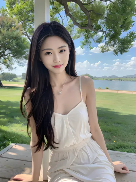 ，Masterpiece, Best quality，8K, 超高分辨率，(beautidful eyes:1.5)， ((Medium view，The upper part of the body:1.5))，Sunset，The gentle goddess sits on a green meadow，Smile at the lake。Her hand brushed the surface of the water，The ripples followed。She spoke her mind，...