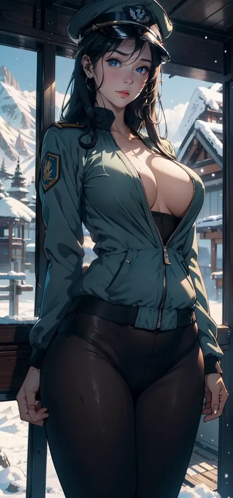 1female，35yo，plumw，extremely large bosom， 独奏，（Background with：aerodrome，Planes，snow mountains，at winter season，Snow on the ground，exteriors，） She has long black hair，Standing in the cabin，，seen from the front， hair straight， mostly cloudy sky，（（（tmasterpie...