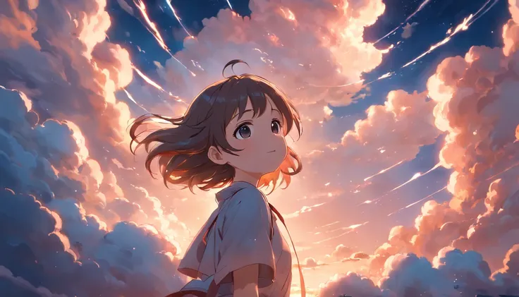 masterpiece, best quality, movie still, 1girl, cloud girl, floating in the sky, close-up, bright, happy, warm soft lighting, sunset, (sparks:0.7)