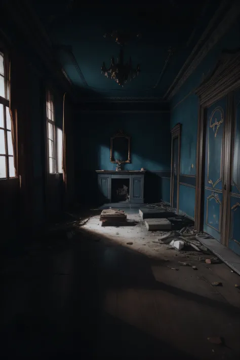 Quarto Arafed com um lustre e uma janela, Quarto abandonado liminar assombrado, Sala de Pressentimento, quarto misterioso, room of a dark mansion, an old abandoned mansion, inside a haunted destroyed house, room with eerie feeling, em uma casa antiga. hype...