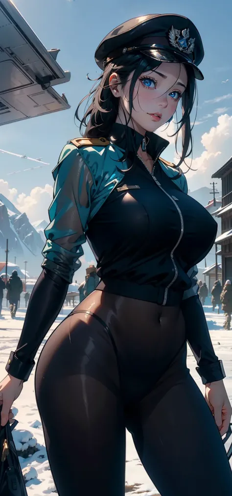 1female，35yo，A MILF，mature，plumw，extremely large bosom， 独奏，（Background with：aerodrome，Planes，snow mountains，at winter season，Snow on the ground，exteriors，） She has long black hair，Stand on the plane，，seen from the front， hair straight， mostly cloudy sky，（（...