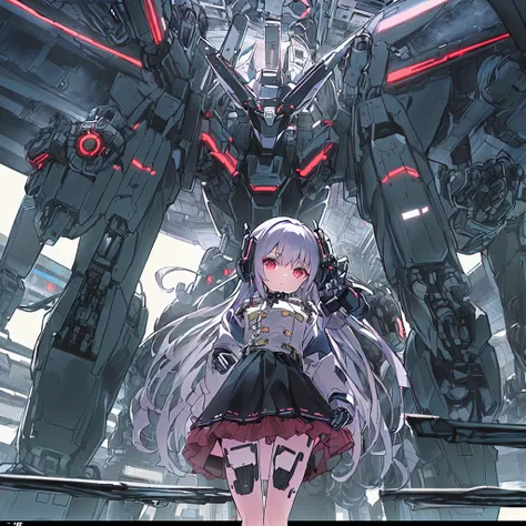 absurderes, hight resolution, (Anime style:1.1), ((masutepiece)), ((Best Quality)), (Ultra-detailed), (Beautiful), 独奏, Beautiful face、(liftup),12year old、(Climb into the cockpit of a cool precision humanoid giant robot、Girl piloting:1.4)、(Silver long hair:...