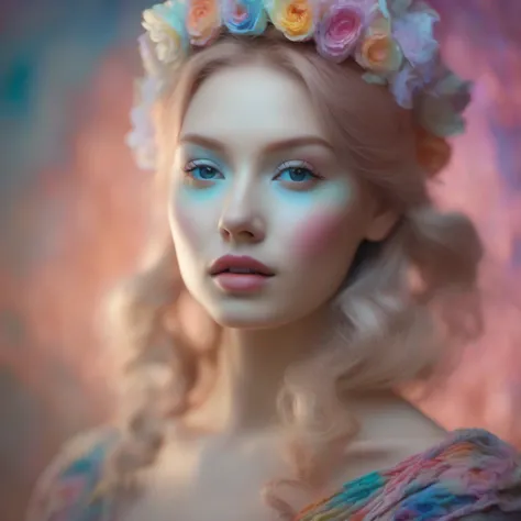 Ethereal portrait of a woman with a porcelain face, transitioning through a spectrum of vibrant colors, delicate features reminiscent of classical sculptures, soft gradient background, gleaming highlights reflecting a softbox light, promotional poster aest...