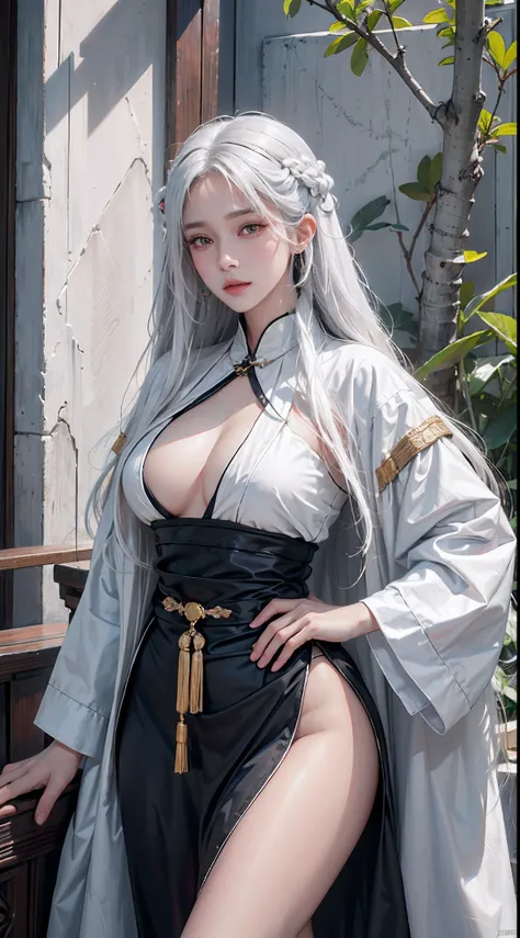 photorealistic, high resolution, soft light,1women, solo, hips up, look at viewer, (detailed face), white hair, long hair, Taoist robe,oversized clothes, jewelry