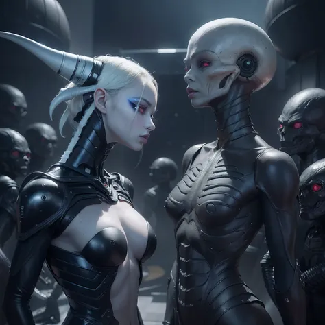 There are two alien women in a dark room with red eyes, depicted as a scifi scene, cinematic cgsociety, Vencedor do concurso CGSetline, complex cybernetic beings, CGSetalidade 9, sci-fi android feminino, cgsociedade inspirada, trending in cgsociety, CGSeta...