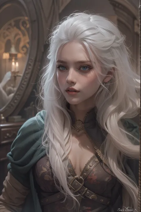 Mulher que lembra a Ciri de The Wicther, com longos cabelos brancos e olhos esverdeados brilhantes, vestindo roupa casual, seus cabelos chicoteando seu rosto com o vento