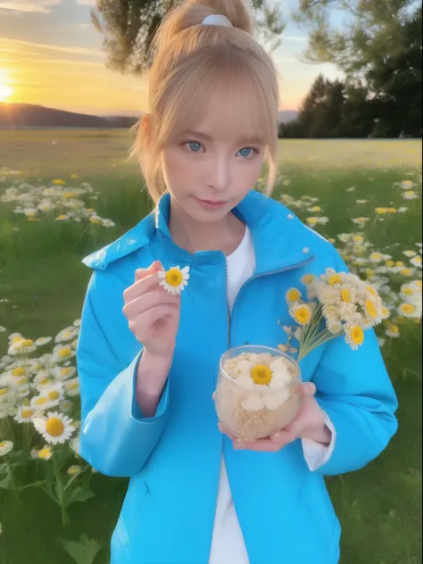 Blonde hair, blue eyes, natural lip, blue jacket, ponytail hair, flat expression, Chamomile field background, Holding chamomile flowers, sunrise