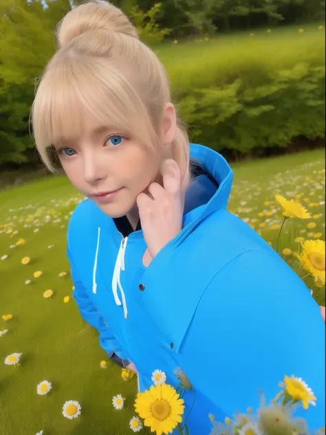 Blonde hair, blue eyes, natural lip, blue jacket, ponytail hair, flat expression, Chamomile field background, Holding chamomile flowers, sunrise