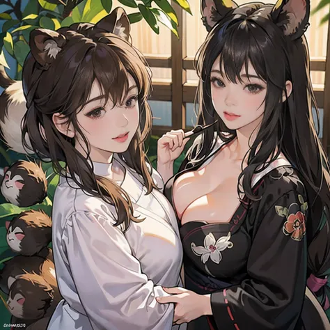 Two women in their 20s、 Fantasia、offcial art, unity 8k wall paper, ultra-detailliert, beautifly、Aesthetic, ​masterpiece, top-quality, Photorealsitic、Braids、Bunching hair、Black eyes、Tanuki face、Tanuki Girl、Tanuki ears、Tanuki tail、Collar with bell:2.0、Brown ...