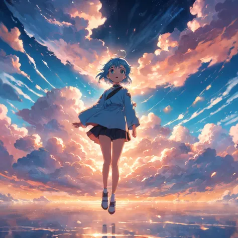 Masterpiece, Best Quality, Movie Stills, 1girl, Cloud Boy, Floating in the Sky, Close-up, Bright, Happy, Warm Soft Lights, Sunset, (Sparkle: 0.7)