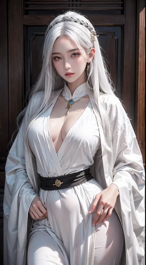 photorealistic, high resolution, soft light,1women, solo, hips up, look at viewer, (detailed face), white hair, long hair, Taoist robe,oversized clothes, jewelry