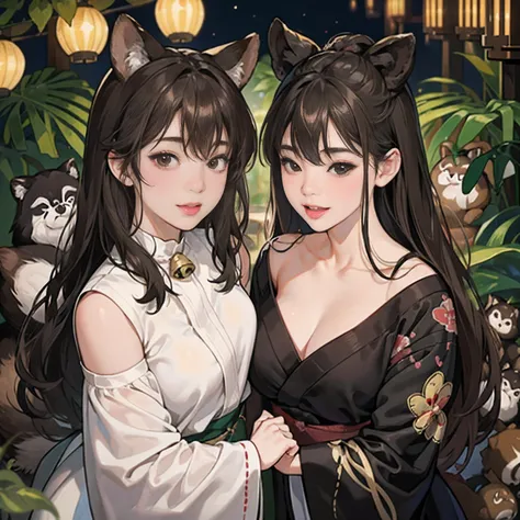 Two women in their 20s、 Fantasia、offcial art, unity 8k wall paper, ultra-detailliert, beautifly、Aesthetic, ​masterpiece, top-quality, Photorealsitic、Braids、Bunching hair、Black eyes、Tanuki face、Tanuki Girl、Tanuki ears、Tanuki tail、Collar with bell:2.0、Brown ...