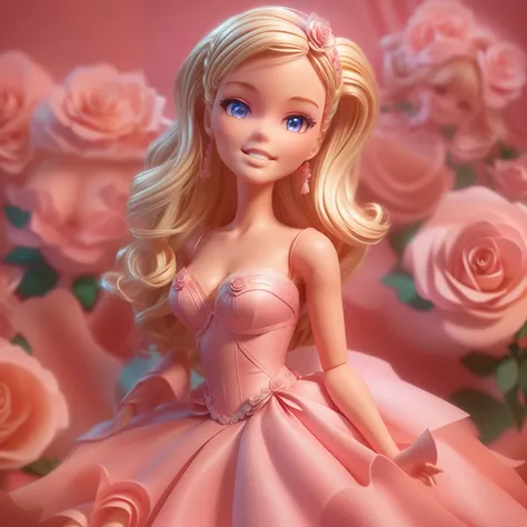 Movie Angle,( Cute Barbie,Blonde wavy hair,Anatomically correct,full bodyesbian,Masterpiece pink roses,pink back ground,A beautiful pink princess dress,high-heels,Smile),(illustration,paper art,a 3D render),(Extremely colorful, Best quality, high detal, Ma...