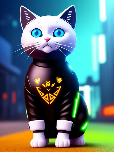 um gatinho fofo feito de metal, ciborgue, estilo cyberpunk,