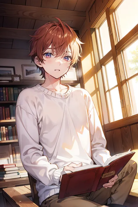 male people　twinks　{{ember}}　Sunlight　Warm sunlight pours down from the ceiling　Sweaters　JINS　Reading a book