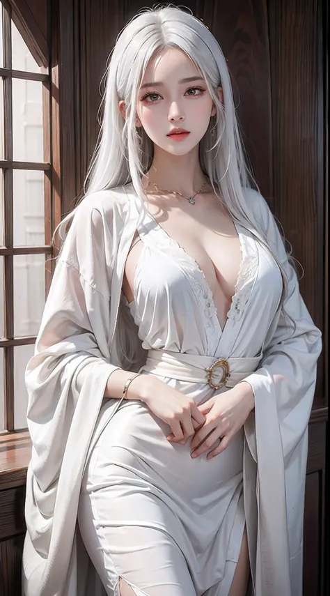 photorealistic, high resolution, soft light,1women, solo, hips up, look at viewer, (detailed face), white hair, long hair, Taoist robe,oversized clothes, jewelry