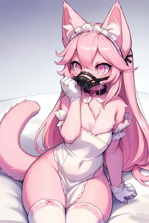 Master piece, perfect, highly detailed, (little hibryd anthro cat femboy), fluffy pink fur, ((pink eyes)), ((1))fluffy cat tail, pink long hair, tiny chest, (pink cat ears), wearing a pink collar, pink maid dress, silk white gloves, silk white thighhigh so...