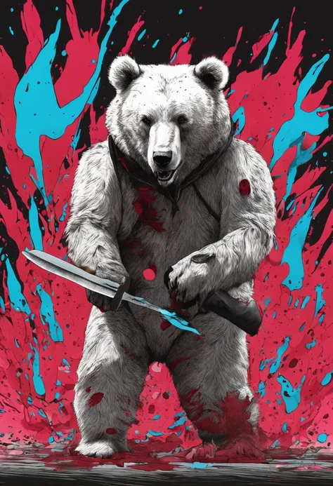 urso branco, with humanoid body with knife in hand and blood in it and splashes on the bears body