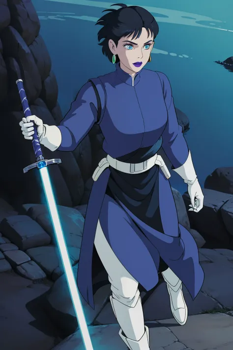 Female, black hair, tomboyish hair, white skin, blue eyes, jedi sleeved top, Jedi tights, footwear, gloves, earrings, purple eyeliner, black lipstick, green lightsaber sword, Old republic, 5000 bby