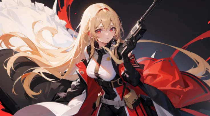 Masterpiece, high definition, 1girl with sniper, aiming pose , mature, tall, detailed hair, blonde haired and red eyes, black and white military exotic costume