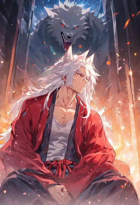 By bebebebebe, by spuydjeks, by buta99, by spikedmauler. muscular human male with long white hair, has wolf ears, has wolf tail, shirtless, wearing red plaid pajama pants, relaxing in bed