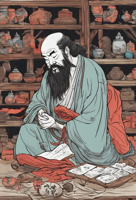 Bodhidharma　illustratio　ink and watercolor painting　Storage