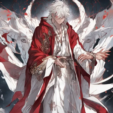 Artistic representation of reality，Handsome teenage male，White hair and red eyes，Gorgeous robes，magia，with soft colors，Centered，Elements of mystery and grandeur