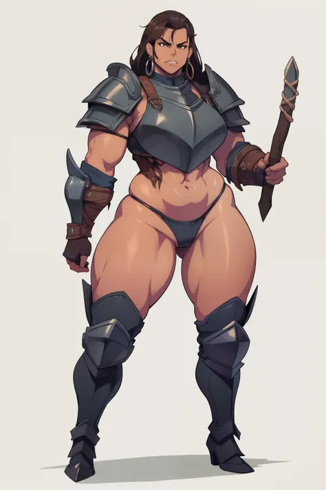 "high quality, strong and fierce orc barbarian with boots with dark brown skin, well-defined muscular legs and large hips" ((fullbody)) (((fullbody barbarian armor))) ((earrings)) (solo)