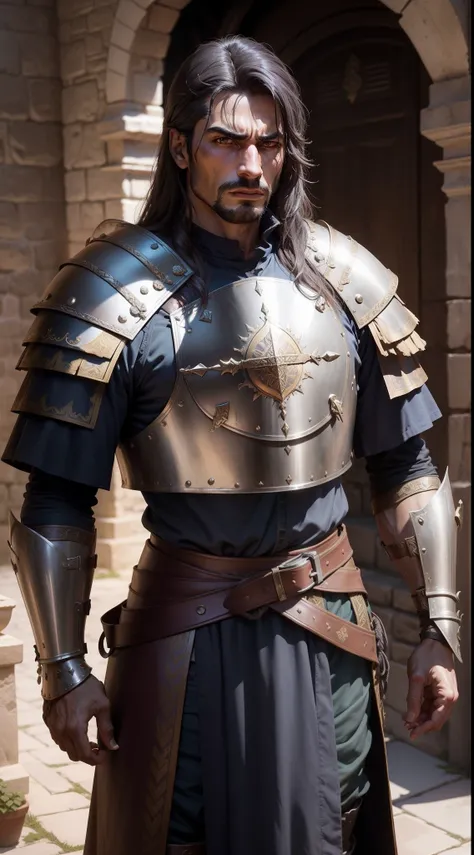 Garcia de Sousa, warrior clothes, very weathered and very brokened armor and clothes, strong, muscular and sporty, tall and great body like a statue, crestless, lowborn, brave, firm, willing to forward, keen, brave, daring, Portuguese cuirass breastPLATE a...