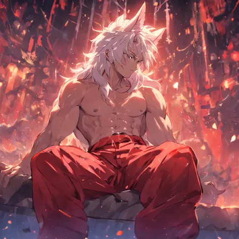 By bebebebebe, by spuydjeks, by buta99, by spikedmauler. muscular human male with long white hair, has wolf ears, has wolf tail, shirtless, wearing red plaid pajama pants, relaxing in bed