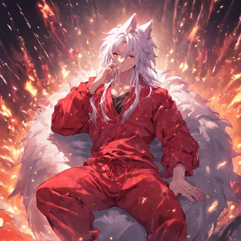 By bebebebebe, by spuydjeks, by buta99, by spikedmauler. muscular human male with long white hair, has wolf ears, has wolf tail, shirtless, wearing red plaid pajama pants, relaxing in bed