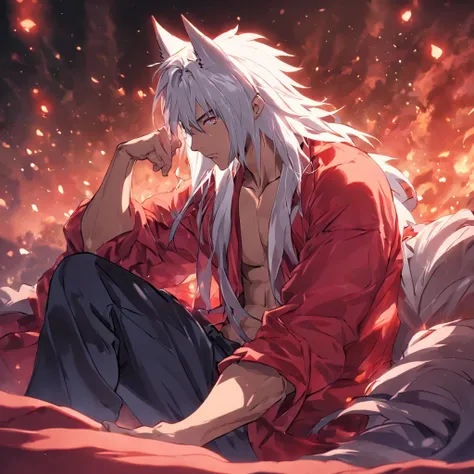 By bebebebebe, by spuydjeks, by buta99, by spikedmauler. muscular human male with long white hair, has wolf ears, has wolf tail, shirtless, wearing red plaid pajama pants, relaxing in bed