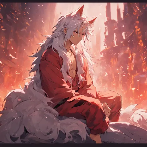 By bebebebebe, by spuydjeks, by buta99, by spikedmauler. muscular human male with long white hair, has wolf ears, has wolf tail, shirtless, wearing red plaid pajama pants, relaxing in bed