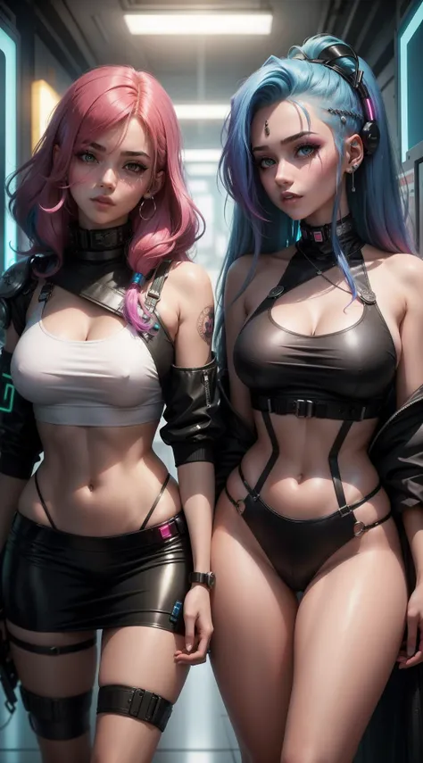 2 garotas de 18 anos com cabelo colorido em uma cidade  cyberpunk