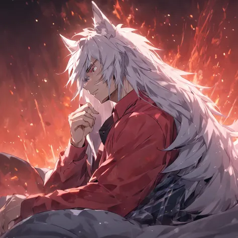 By bebebebebe, by spuydjeks, by buta99, by spikedmauler. muscular human male with long white hair, has wolf ears, has wolf tail, shirtless, wearing red plaid pajama pants, relaxing in bed, has blue eyes,