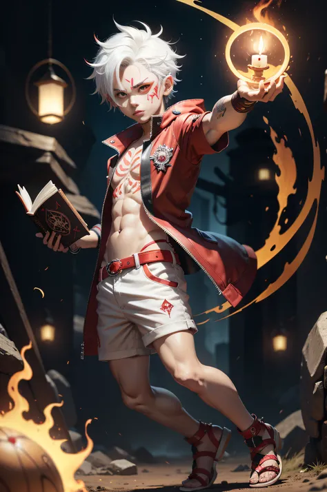 1 male chibi character, Face painted in white and red, yellow-pointed hair, Holding a magic circle book and a candle in his hand, Glowing red eyes, Punk rock style, sandal, Game Character Icons, Full-body view from head to toe, white backgrounid, Three-dim...