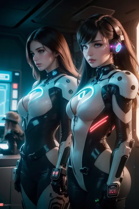 realistic and intricate perfect beauty face, cleavage cutout, big boobs to the waist (((slim beauty shape))), ((in realistic sci-fi plugsuit outfit in neon-lit)), masterpiece, 4k, UHD