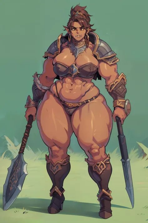 "high quality, strong and fierce orc barbarian with boots with dark brown skin, well-defined muscular legs and large hips" ((fullbody)) ((((tall)))) (((barbarian armor))) ((earring)) (solo)