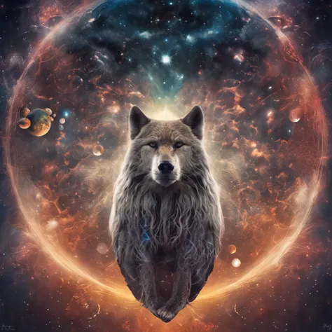 Best quality, Masterpiece, 超高分辨率, (photograph realistic:1.4), surrealism, Dream-like,fusionart,A werewolf stands in front of a space full of planets, Your mind is thinking about eternity, Consciousness projection, The face melts in the universe, they reach...