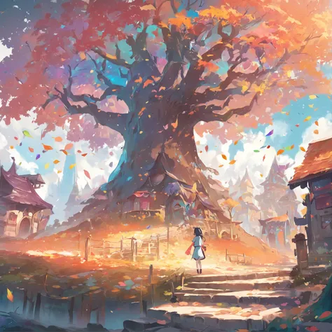 "A towering tree with vibrant rainbow-colored leaves, casting its majestic shadow over an enchanting fantasy village."