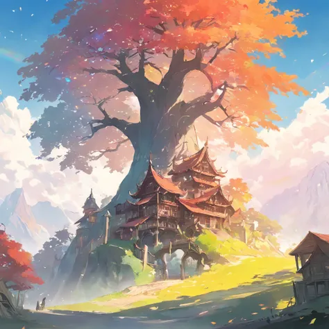 "A towering tree with vibrant rainbow-colored leaves, casting its majestic shadow over an enchanting fantasy village."