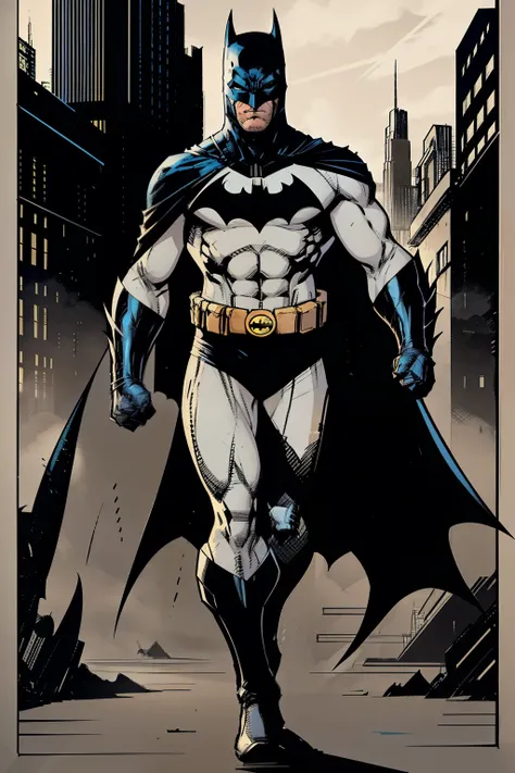 Generate an uncolored comic-style image of the character named Batman in full body, from head to toe, with no body parts cut off or extending beyond the frame. The image should have a comic book style, and Batmans iconic physical features, including his co...