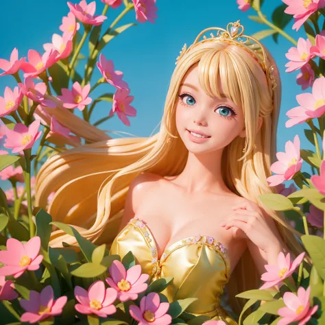 Dream Barbie Blonde hair, cheerful smile, beautiful and deep big eyes, behind the huge and magnificent white castle, the weather is clear, a sea of colorful flowers, dream Barbie is in the sea of flowers, Barbie occupies most of the picture, Barbie wears a...